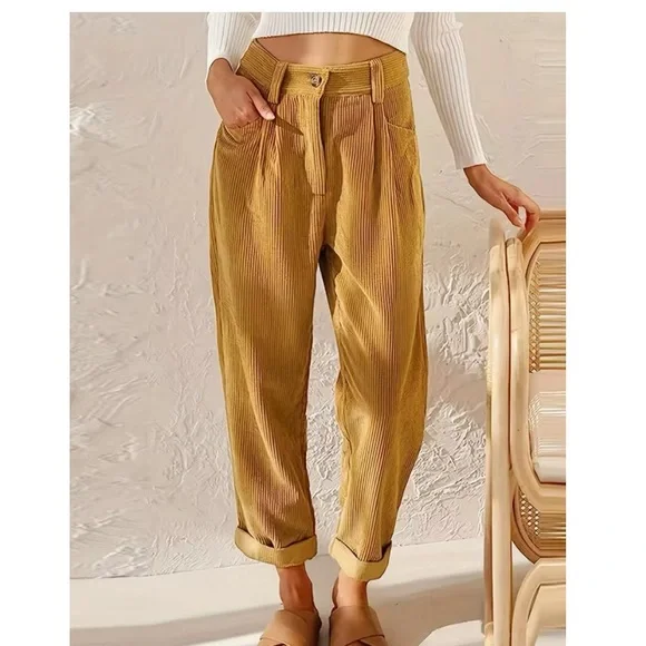 Khaki High Waisted Straight Leg Pants Casual Corduroy Pants Vintage Trousers - Picture 1 of 10